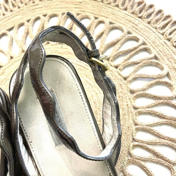 Prada Brown Patent Leather Scalloped Open Toe Wedge Sandals Size EU 40.5 - Picture 10 of 12